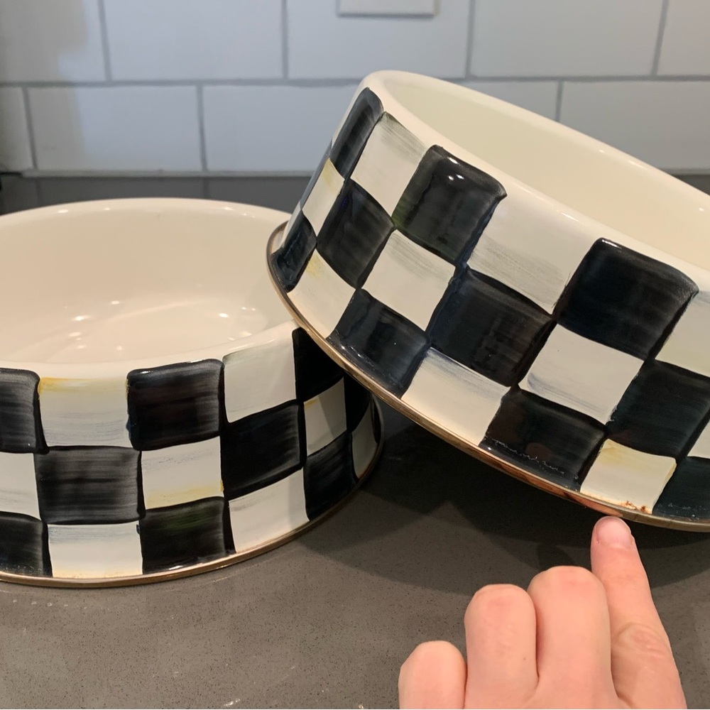 Pair of 2 Mackenzie Childs Courtly Check Pet Dish dog bowl